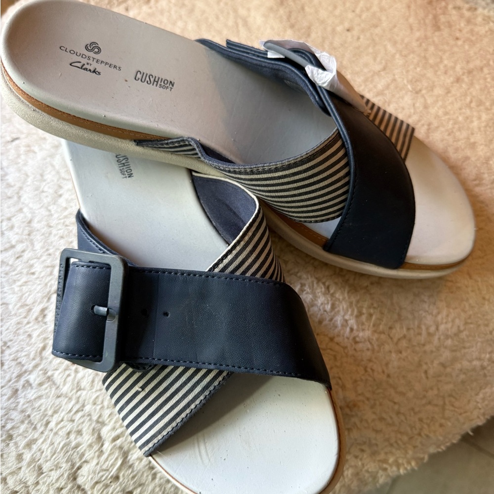 Clarks Women's Sandals with Black and Cream Stripes